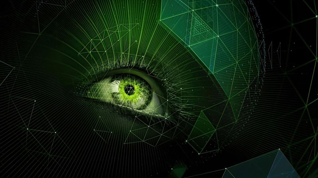 Green Eye Surrounded by Tech Virtual Reality Lines
